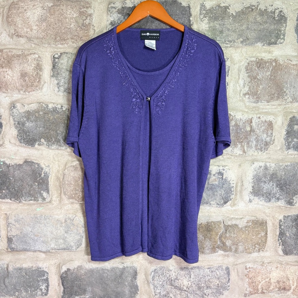 VTG Sag Harbor Woman Purple Embroidered Short Sleeve Connected Cardigan Tank 2X